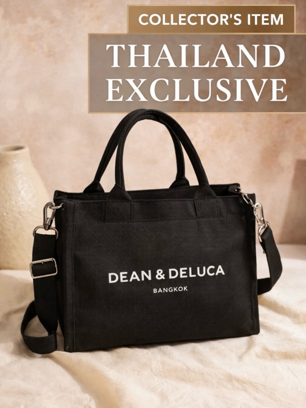 DEAN & DELUCA RARE THAILAND LOCATION BLACK CANVAS TOTE BAG WITH SHOULDER STRAP